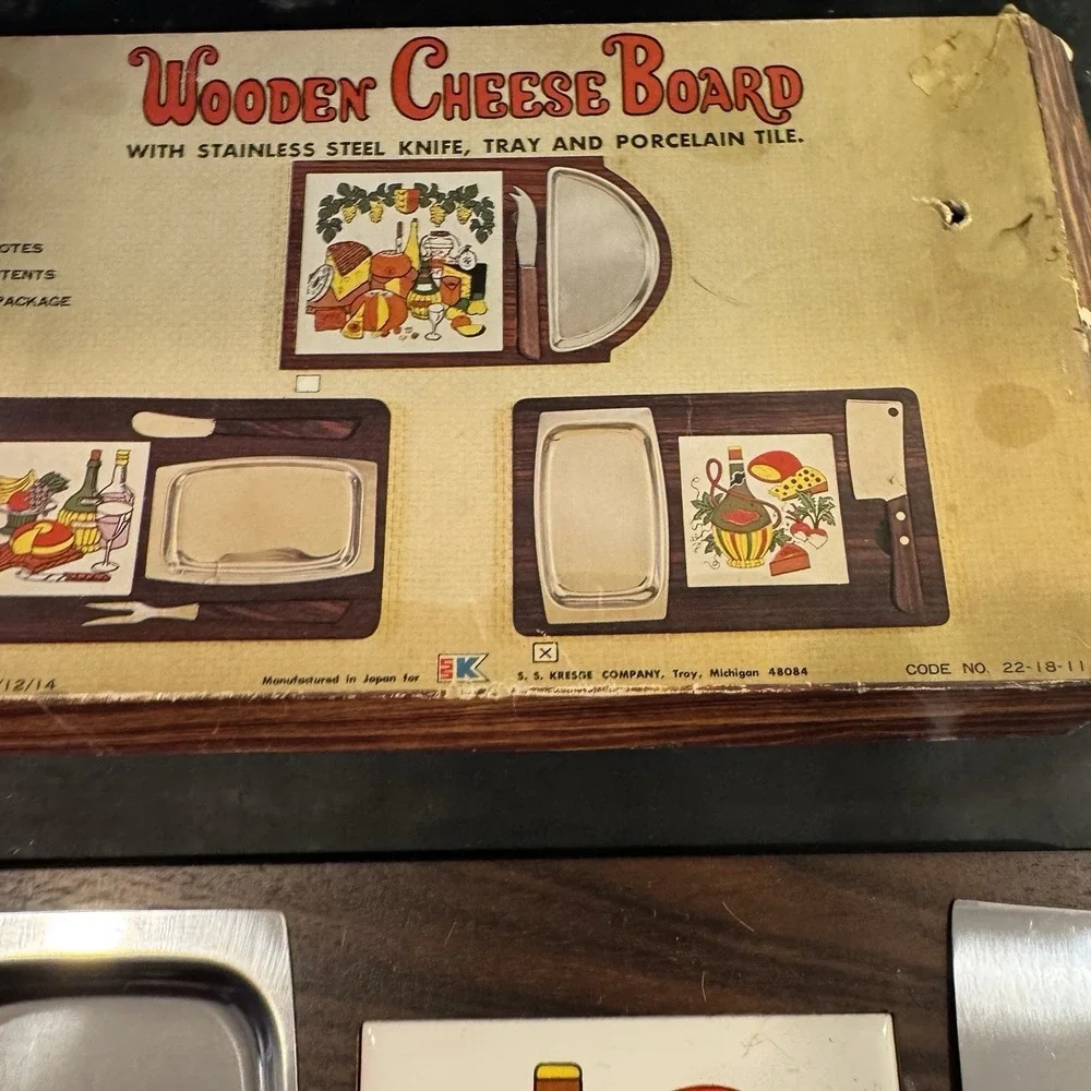 Vintage 1970s Wooden Cheese‎ Board Set with Knife, Tray, and Porcelain Tile
